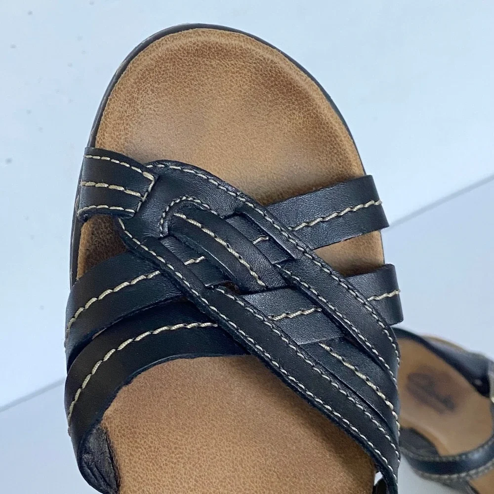 Clarks‎ Bendables Black Leather Wedge Sandals Strappy Comfort 60233 Womens 7.5M